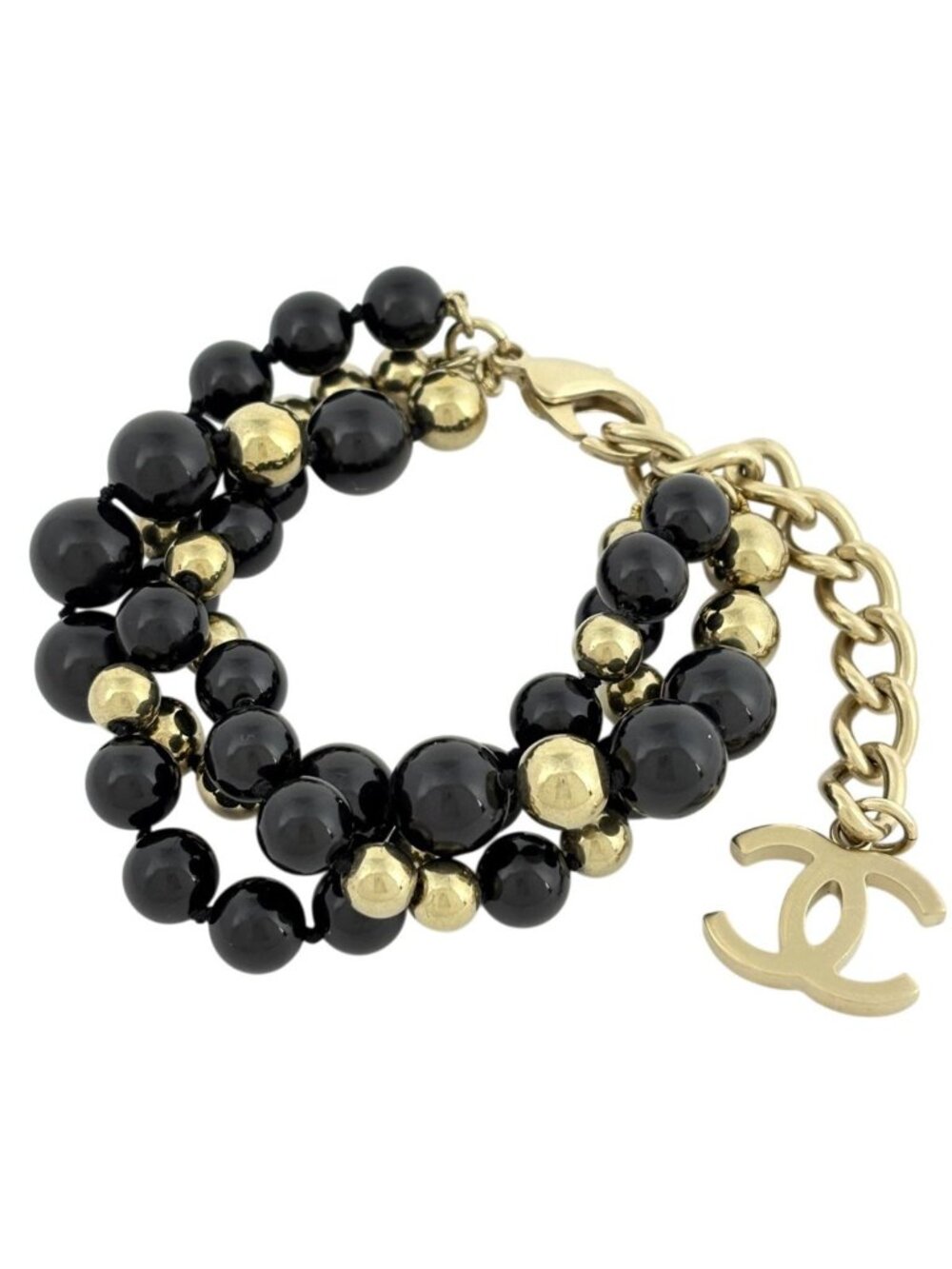 Chanel CC Logo Bracelet Triple Strand Beads Black Gold